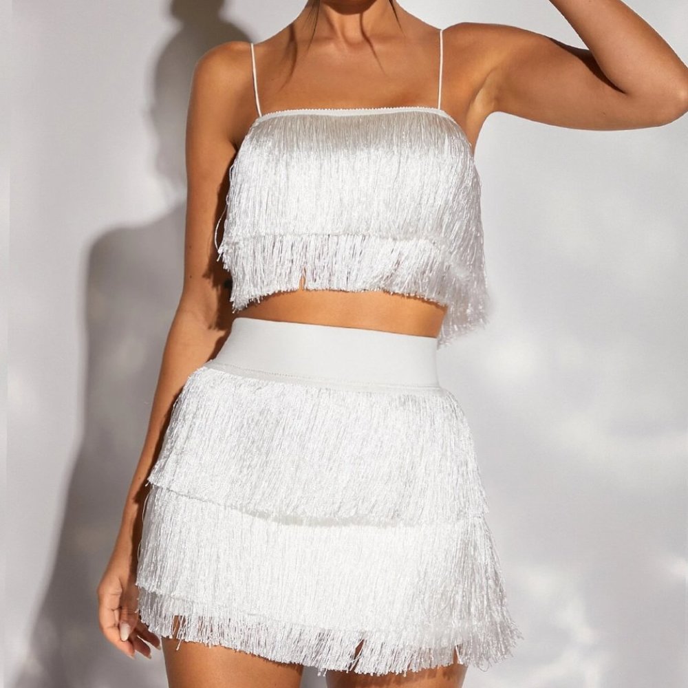 SHEIN White Fringe Top and Skirt Set